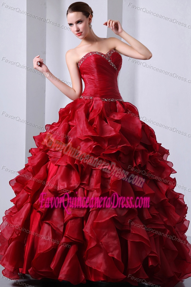 Slick Ruffled Organza Sweetheart Beading Wine Red Dress for Quinceaneras