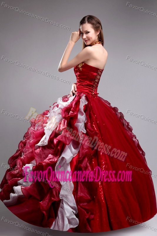 Halter Top Appliques Ruffles Wine Red and White Ritzy Dress for Quinceaneras