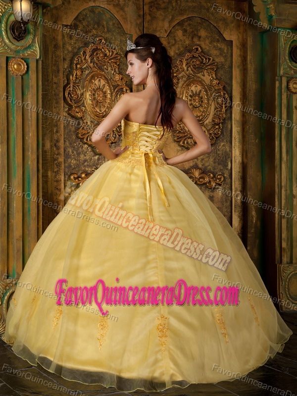 Modernistic Organza Taffeta Yellow Appliqued Quince Dresses Discount