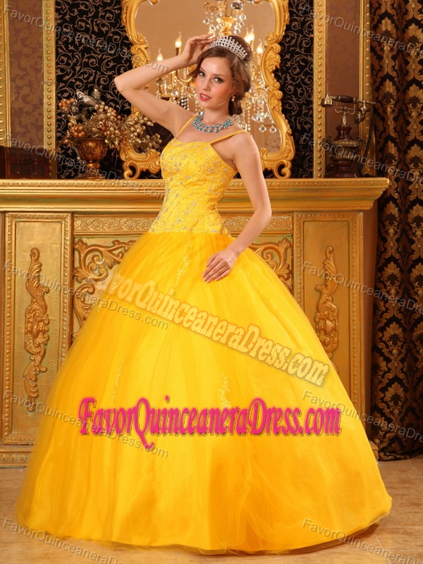 Recommended Spaghetti Straps Yellow Quince Dress in Satin and Organza