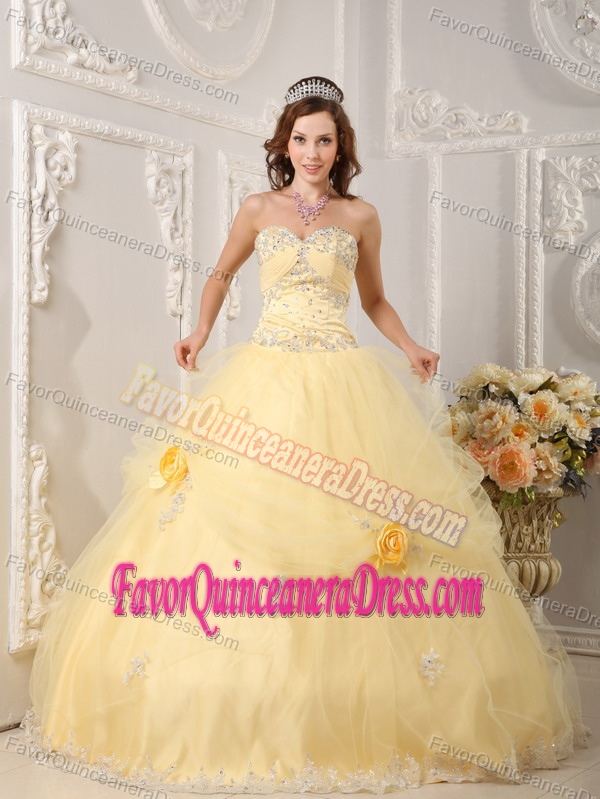 Pretty Tulle Taffeta Sweetheart Yellow Quince Dress with Appliques Flowers