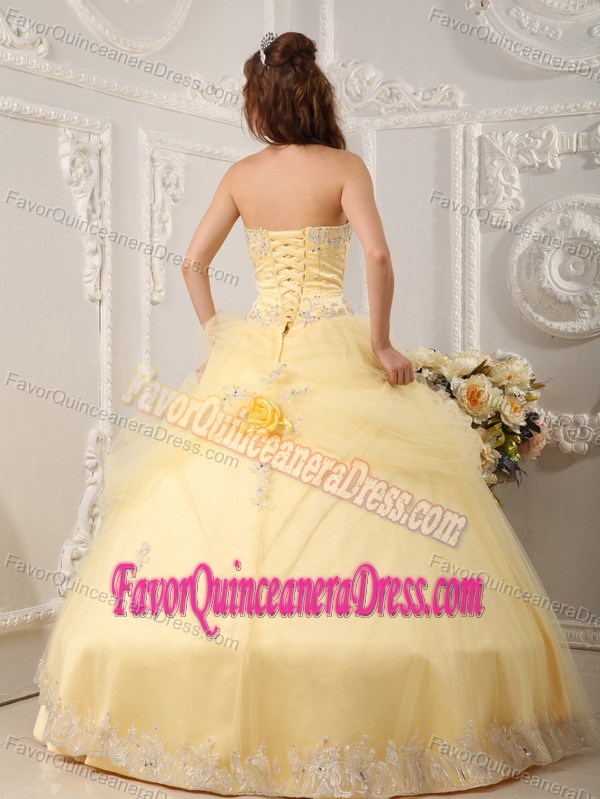 Pretty Tulle Taffeta Sweetheart Yellow Quince Dress with Appliques Flowers