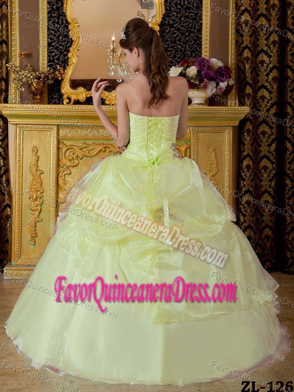 Affordable Organza Yellow Green Sweet 15 Dress with Appliques and Pick-ups