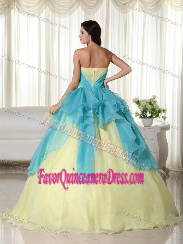 Pretty Teal and Yellow Organza Quinceanera Gown Dresses with Flowers