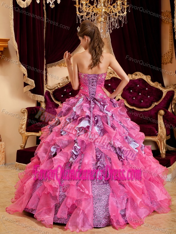 Unique Ruffled Organza Hot Pink Quinceanera Dress with Leopard Print
