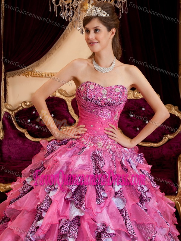 Unique Ruffled Organza Hot Pink Quinceanera Dress with Leopard Print