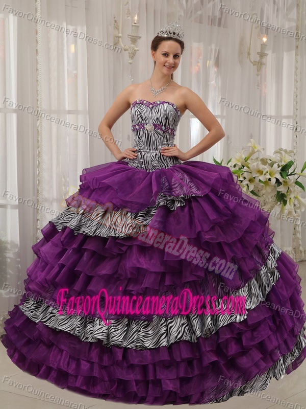 Clearance Zebra Print Tiered Purple Organza Quinceanera Gown Wholesale
