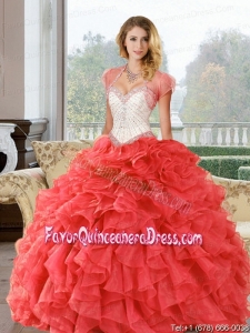 Coral Red Beading and Ruffles Sweetheart Quinceanera Dresses for 2015