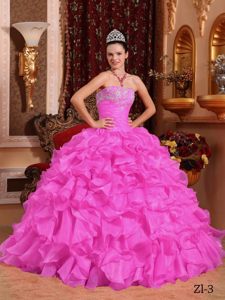 Strapless Beaded Lace-up Organza Sweet Quinceanera Dresses in Rose Pink
