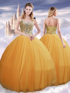 High Class Gold Sleeveless Beading Floor Length 15 Quinceanera Dress