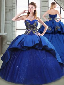 Fine Sweetheart Sleeveless 15th Birthday Dress Court Train Beading and Appliques and Embroidery Blue Taffeta