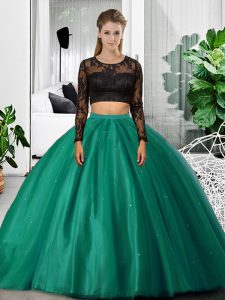 Trendy Dark Green Backless 15 Quinceanera Dress Lace and Ruching Long Sleeves Floor Length