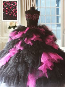 Floor Length Pink And Black 15 Quinceanera Dress Tulle Sleeveless Beading and Ruffles