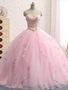 Baby Pink Sleeveless Tulle Brush Train Lace Up Sweet 16 Dresses for Military Ball and Sweet 16 and Quinceanera