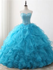Free and Easy Sleeveless Organza Floor Length Lace Up Ball Gown Prom Dress in Baby Blue with Beading and Ruffles