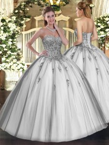 Grey Sweetheart Lace Up Beading and Appliques Ball Gown Prom Dress Sleeveless