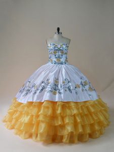 Eye-catching Ball Gowns Ball Gown Prom Dress Yellow And White Sweetheart Organza Sleeveless Floor Length Lace Up