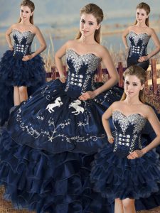 On Sale Navy Blue Ball Gowns Embroidery and Ruffles Quinceanera Dresses Lace Up Organza Sleeveless Floor Length