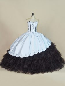 Edgy White And Black Quinceanera Gown Sweet 16 and Quinceanera with Embroidery and Ruffled Layers Sweetheart Sleeveless Lace Up
