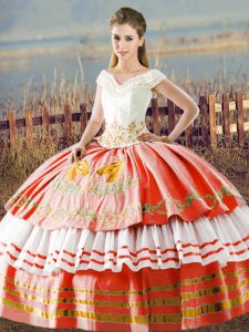 Spectacular Satin V-neck Sleeveless Lace Up Embroidery and Ruffled Layers 15th Birthday Dress in White And Red