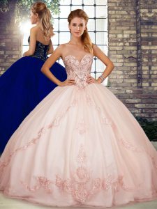 Glamorous Pink Ball Gowns Beading and Embroidery Quinceanera Gown Lace Up Tulle Sleeveless Floor Length