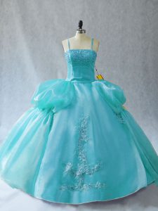 Fabulous Floor Length Lace Up Sweet 16 Quinceanera Dress Aqua Blue for Sweet 16 and Quinceanera with Appliques