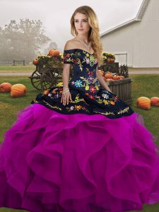Custom Made Black And Purple Sleeveless Embroidery and Ruffles Floor Length Quinceanera Gown