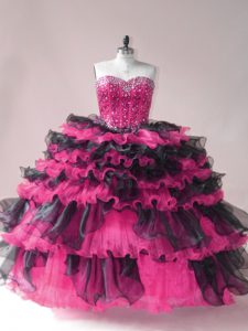 Sleeveless Beading and Ruffled Layers Lace Up 15 Quinceanera Dress with Pink And Black