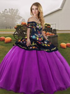 Black And Purple Sleeveless Floor Length Embroidery Lace Up Quince Ball Gowns