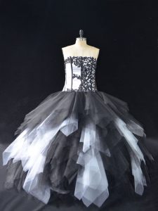 White And Black Lace Up Sweet 16 Dresses Lace and Ruffles Sleeveless Floor Length