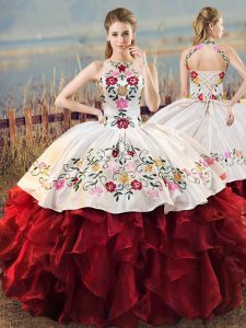 Decent Floor Length Ball Gowns Sleeveless White And Red Sweet 16 Dresses Lace Up