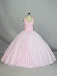 Attractive Sleeveless Tulle Floor Length Lace Up Ball Gown Prom Dress in Baby Pink with Beading and Lace