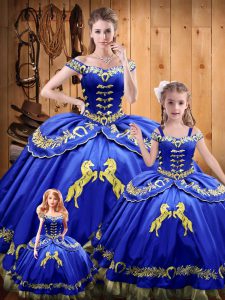 Floor Length Royal Blue 15th Birthday Dress Off The Shoulder Sleeveless Lace Up