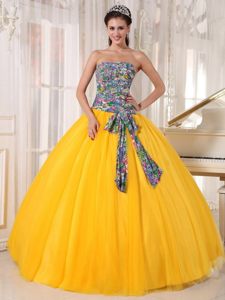 Unique Strapless Quinceanera Gown Dresses with Bowknot and Printed Fabric