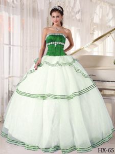 Strapless White and Green Layered Organza Quinceanera Dresses with Beading