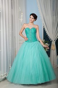Perfect Turquoise Beaded Sweetheart Long Sweet Sixteen Dresses in Tulle