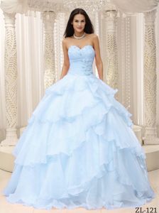 Hot Sale Sweetheart Light Blue Organza Quinces Dresses with Ruffle-layers