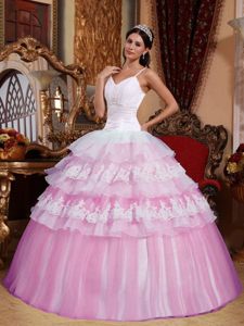 Pink Organza Sweetheart Quinceanera Gown Dresses with Spaghetti Straps
