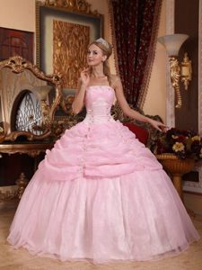 Strapless Organza Baby Pink Dresses for Quinceanera with Appliques for Cheap
