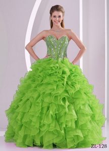 Irresistible Lime Green Sweetheart Quince Dress with Ruffles and Beading