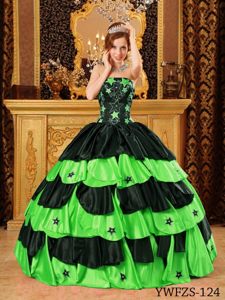 Gorgeous Beaded Sweet 15 Dress in Black and Lime Green Strapless Taffeta