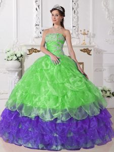 Multi-Tiered Spring Green and Purple Organza Appliques Quinceanera Gown