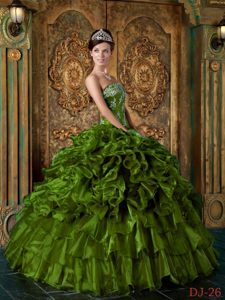 Strapless Organza Prom Quinceanera Dresses with Ruffles in Olive Green