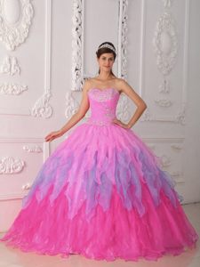 Vintage Pink Organza Ruched Quinceanera Gown Dress with Beading