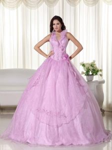 Puffy Halter Chiffon Embroidered Beaded Quinceanera Dress in Pink