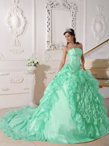 Strapless Chapel Train Taffeta Beaded for Quince Dresses in Apple Green