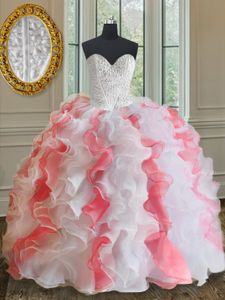 Simple Sweetheart Sleeveless Vestidos de Quinceanera Floor Length Beading and Ruffles Pink And White Organza