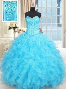 Latest White And Purple Organza Lace Up 15th Birthday Dress Sleeveless Floor Length Beading and Ruffles