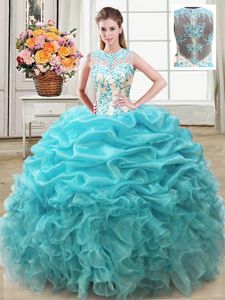 Beauteous Beading and Ruffles and Hand Made Flower Sweet 16 Quinceanera Dress Black and Blue Lace Up Sleeveless Floor Length