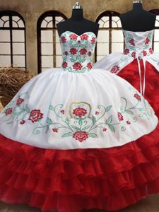 Ruffled Floor Length White and Red Sweet 16 Dress Sweetheart Sleeveless Lace Up